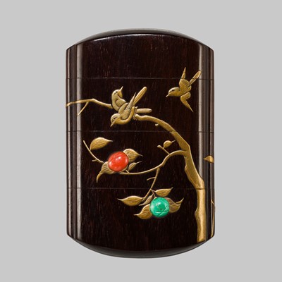 A THREE-CASE CORAL- AND TURQUOISE-INLAID LACQUER INRO WITH BIRDS ON A PERSIMMON TREE