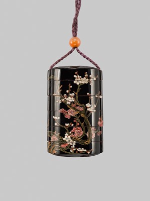 Lot 17 - A RARE FIVE-CASE LACQUER INRO DEPICTING A BLOSSOMING PRUNUS TREE