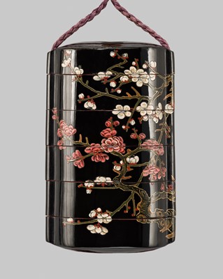 Lot 17 - A RARE FIVE-CASE LACQUER INRO DEPICTING A BLOSSOMING PRUNUS TREE