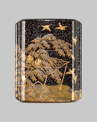 Lot 20 - A MAGNIFICENT FOUR-CASE TOGIDASHI LACQUER INRO DEPICTING SPARROWS AMIDST FALLING SNOW