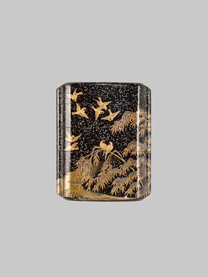 Lot 20 - A MAGNIFICENT FOUR-CASE TOGIDASHI LACQUER INRO DEPICTING SPARROWS AMIDST FALLING SNOW