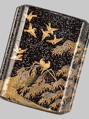 Lot 20 - A MAGNIFICENT FOUR-CASE TOGIDASHI LACQUER INRO DEPICTING SPARROWS AMIDST FALLING SNOW
