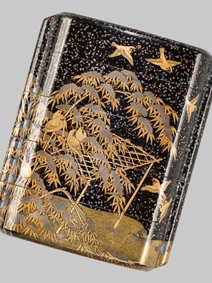 Lot 20 - A MAGNIFICENT FOUR-CASE TOGIDASHI LACQUER INRO DEPICTING SPARROWS AMIDST FALLING SNOW