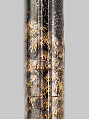 Lot 20 - A MAGNIFICENT FOUR-CASE TOGIDASHI LACQUER INRO DEPICTING SPARROWS AMIDST FALLING SNOW