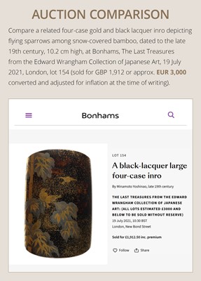 Lot 20 - A MAGNIFICENT FOUR-CASE TOGIDASHI LACQUER INRO DEPICTING SPARROWS AMIDST FALLING SNOW