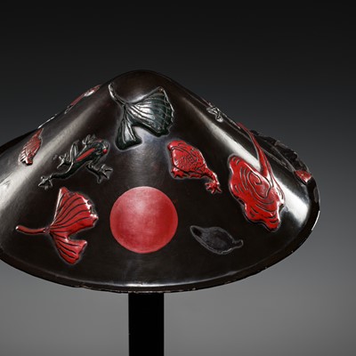 Lot 123 - A FINE LACQUERED IRON JINGASA (WAR HAT) WITH FIREFLIES, FROGS, AND GINKO