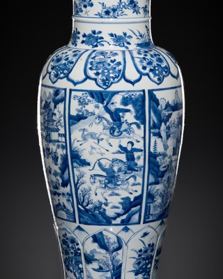 Lot 521 - A LARGE BLUE AND WHITE ‘HUNTING SCENES’ MOLDED BALUSTER VASE, KANGXI PERIOD