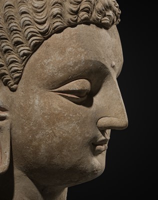 Lot 235 - A MAGNIFICENTLY MODELED OVER-LIFESIZE STUCCO HEAD OF BUDDHA, ANCIENT REGION OF GANDHARA, 3RD TO 4TH CENTURY