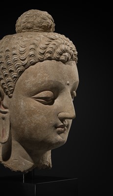 Lot 235 - A MAGNIFICENTLY MODELED OVER-LIFESIZE STUCCO HEAD OF BUDDHA, ANCIENT REGION OF GANDHARA, 3RD TO 4TH CENTURY