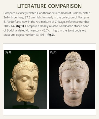 Lot 235 - A MAGNIFICENTLY MODELED OVER-LIFESIZE STUCCO HEAD OF BUDDHA, ANCIENT REGION OF GANDHARA, 3RD TO 4TH CENTURY