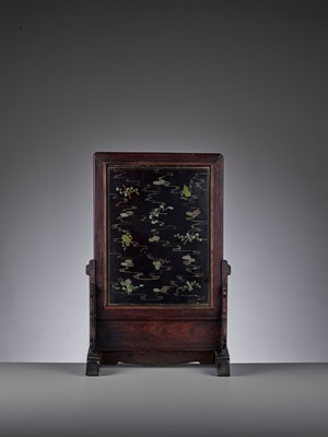 Lot 44 - A HARDSTONE AND JADE-INLAID ZITAN TABLE SCREEN, QING