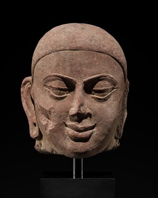 Lot 331 - A RED SANDSTONE HEAD OF A MONK, MATHURA, KUSHAN PERIOD, 2ND-3RD CENTURY