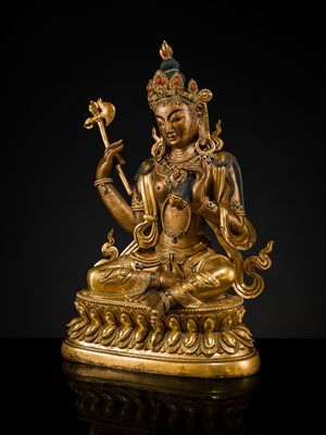 A MAGNIFICENT GROUP OF EIGHT CORAL AND TURQUOISE INLAID GILT COPPER FIGURES OF THE EIGHT GREAT BODHISATTVAS, TIBET, 20TH CENTURY