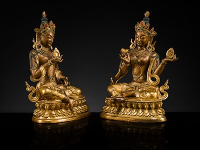 A MAGNIFICENT GROUP OF EIGHT CORAL AND TURQUOISE INLAID GILT COPPER FIGURES OF THE EIGHT GREAT BODHISATTVAS, TIBET, 20TH CENTURY