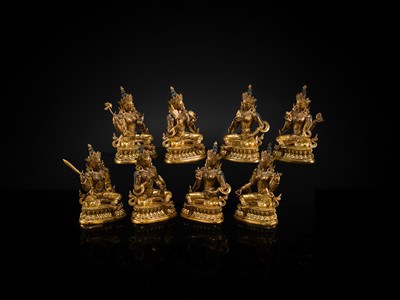 A MAGNIFICENT GROUP OF EIGHT CORAL AND TURQUOISE INLAID GILT COPPER FIGURES OF THE EIGHT GREAT BODHISATTVAS, TIBET, 20TH CENTURY