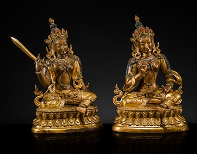 A MAGNIFICENT GROUP OF EIGHT CORAL AND TURQUOISE INLAID GILT COPPER FIGURES OF THE EIGHT GREAT BODHISATTVAS, TIBET, 20TH CENTURY