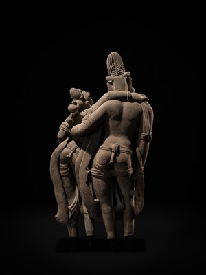 Lot 210 - AN EXTRAORDINARY AND EXTREMELY RARE SANDSTONE FIGURE OF LAKSHMI-NARAYANA, CHANDELA PERIOD, 10TH-12TH CENTURY