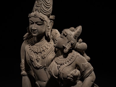 Lot 210 - AN EXTRAORDINARY AND EXTREMELY RARE SANDSTONE FIGURE OF LAKSHMI-NARAYANA, CHANDELA PERIOD, 10TH-12TH CENTURY