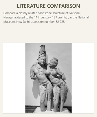 Lot 210 - AN EXTRAORDINARY AND EXTREMELY RARE SANDSTONE FIGURE OF LAKSHMI-NARAYANA, CHANDELA PERIOD, 10TH-12TH CENTURY