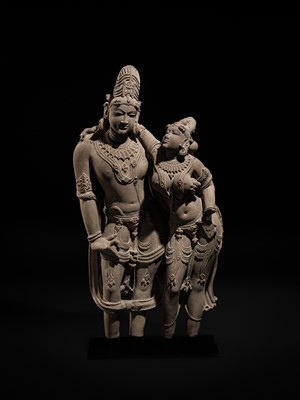 Lot 210 - AN EXTRAORDINARY AND EXTREMELY RARE SANDSTONE FIGURE OF LAKSHMI-NARAYANA, CHANDELA PERIOD, 10TH-12TH CENTURY