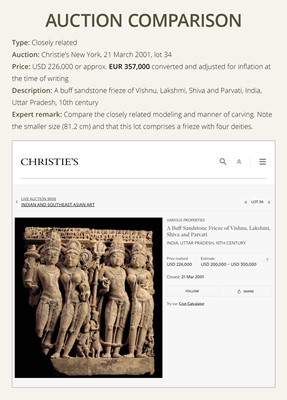 Lot 210 - AN EXTRAORDINARY AND EXTREMELY RARE SANDSTONE FIGURE OF LAKSHMI-NARAYANA, CHANDELA PERIOD, 10TH-12TH CENTURY