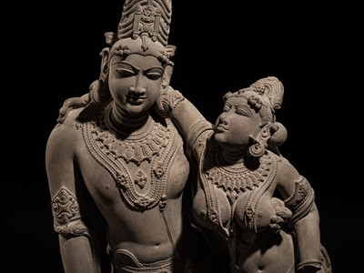 Lot 210 - AN EXTRAORDINARY AND EXTREMELY RARE SANDSTONE FIGURE OF LAKSHMI-NARAYANA, CHANDELA PERIOD, 10TH-12TH CENTURY