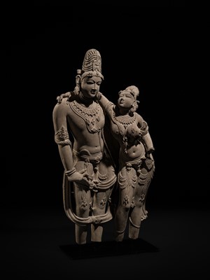 Lot 210 - AN EXTRAORDINARY AND EXTREMELY RARE SANDSTONE FIGURE OF LAKSHMI-NARAYANA, CHANDELA PERIOD, 10TH-12TH CENTURY