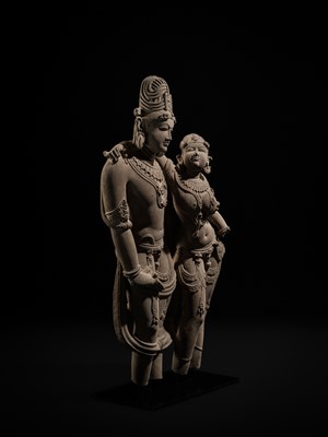 Lot 210 - AN EXTRAORDINARY AND EXTREMELY RARE SANDSTONE FIGURE OF LAKSHMI-NARAYANA, CHANDELA PERIOD, 10TH-12TH CENTURY