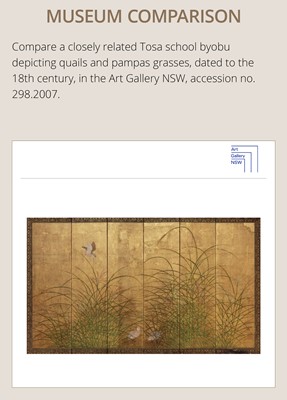 Lot 313 - A SUPERB SIX-PANEL TOSA SCHOOL BYOBU (FOLDING SCREEN) OF QUAILS WITH AUTUMN GRASSES AND FLOWERS