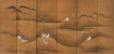 Lot 313 - A SUPERB SIX-PANEL TOSA SCHOOL BYOBU (FOLDING SCREEN) OF QUAILS WITH AUTUMN GRASSES AND FLOWERS