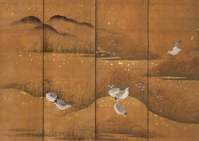 Lot 313 - A SUPERB SIX-PANEL TOSA SCHOOL BYOBU (FOLDING SCREEN) OF QUAILS WITH AUTUMN GRASSES AND FLOWERS