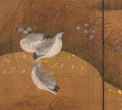 Lot 313 - A SUPERB SIX-PANEL TOSA SCHOOL BYOBU (FOLDING SCREEN) OF QUAILS WITH AUTUMN GRASSES AND FLOWERS