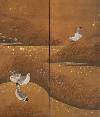 Lot 313 - A SUPERB SIX-PANEL TOSA SCHOOL BYOBU (FOLDING SCREEN) OF QUAILS WITH AUTUMN GRASSES AND FLOWERS
