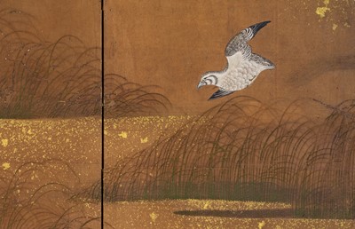 Lot 313 - A SUPERB SIX-PANEL TOSA SCHOOL BYOBU (FOLDING SCREEN) OF QUAILS WITH AUTUMN GRASSES AND FLOWERS