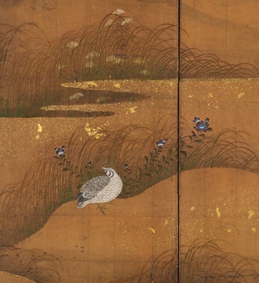 Lot 313 - A SUPERB SIX-PANEL TOSA SCHOOL BYOBU (FOLDING SCREEN) OF QUAILS WITH AUTUMN GRASSES AND FLOWERS