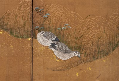 Lot 313 - A SUPERB SIX-PANEL TOSA SCHOOL BYOBU (FOLDING SCREEN) OF QUAILS WITH AUTUMN GRASSES AND FLOWERS