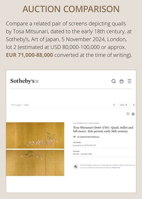 Lot 313 - A SUPERB SIX-PANEL TOSA SCHOOL BYOBU (FOLDING SCREEN) OF QUAILS WITH AUTUMN GRASSES AND FLOWERS