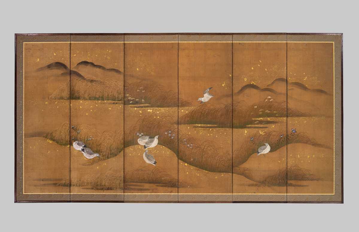 Lot 313 - A SUPERB SIX-PANEL TOSA SCHOOL BYOBU (FOLDING SCREEN) OF QUAILS WITH AUTUMN GRASSES AND FLOWERS