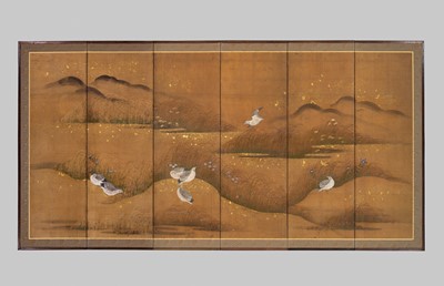 Lot 313 - A SUPERB SIX-PANEL TOSA SCHOOL BYOBU (FOLDING SCREEN) OF QUAILS WITH AUTUMN GRASSES AND FLOWERS