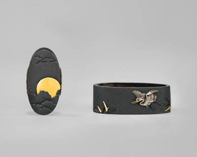 Lot 592 - ISHIGURO MASACHIKA: A FINE SHAKUDO NANAKO ‘HERON AND MOON’ FUCHI AND KASHIRA