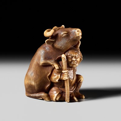 Lot 256 - CHOKUSAI: A FINE STAINED IVORY NETSUKE OF KIDOMARU