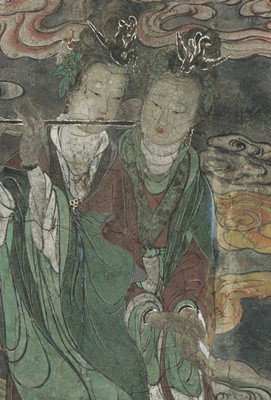 Lot 76 - A LARGE FRESCO DEPICTING A PAIR OF CELESTIAL MUSICIANS, YUAN-MING DYNASTY