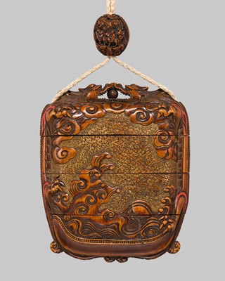 Lot 48 - A FINE THREE-CASE WOOD INRO DEPICTING SEA WAVES AND DRAGONS