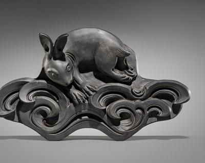 A LARGE AND RARE PAINTED CERAMIC ‘LUNAR HARE’ ROOF TILE, KAWARA, LATE EDO TO MEIJI PERIOD