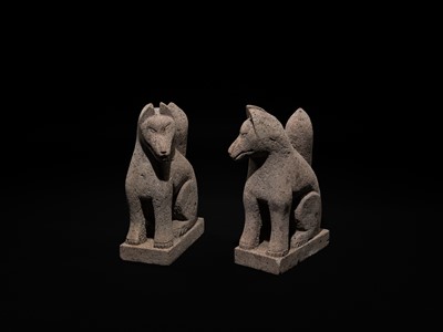 Lot 192 - A SUPERB AND RARE PAIR OF STONE INARI FOXES (KITSUNE), EDO PERIOD