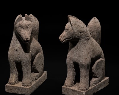 Lot 192 - A SUPERB AND RARE PAIR OF STONE INARI FOXES (KITSUNE), EDO PERIOD