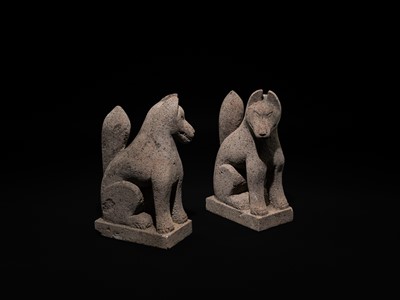 Lot 192 - A SUPERB AND RARE PAIR OF STONE INARI FOXES (KITSUNE), EDO PERIOD