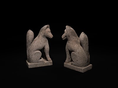 Lot 192 - A SUPERB AND RARE PAIR OF STONE INARI FOXES (KITSUNE), EDO PERIOD