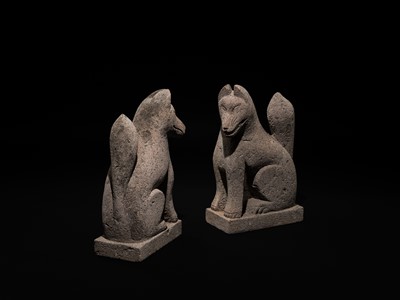 Lot 192 - A SUPERB AND RARE PAIR OF STONE INARI FOXES (KITSUNE), EDO PERIOD