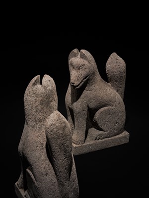 Lot 192 - A SUPERB AND RARE PAIR OF STONE INARI FOXES (KITSUNE), EDO PERIOD